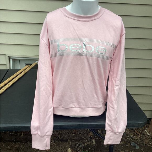 ~Bebe Sport Top medium PEONY Sleeve Sheer White Stripe On Arm Sequins Silver $49 - Picture 1 of 4